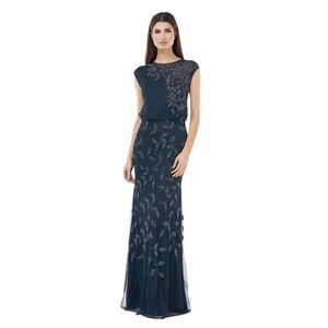 NWT JS Collections Navy Mesh Embellished Formal Gown 6 MOB Wedding Gala Dress